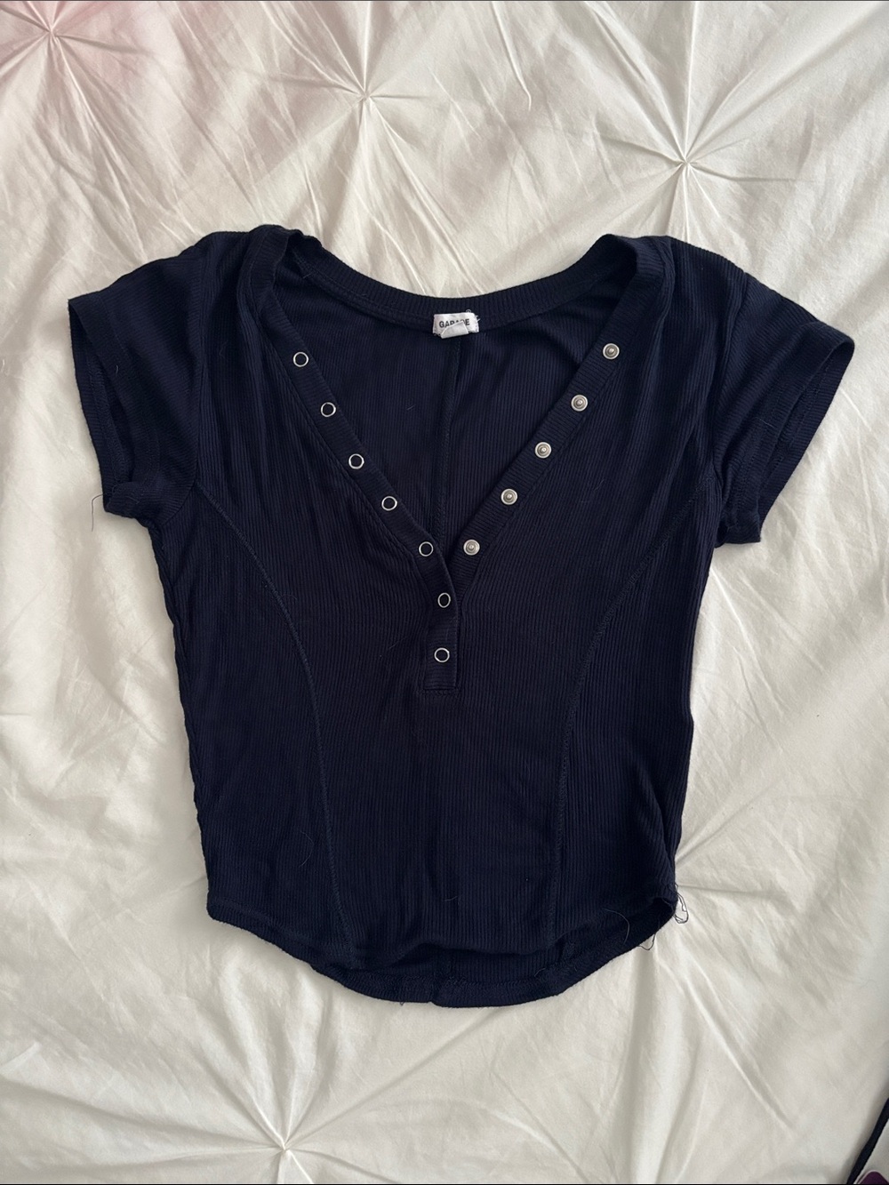Garage Navy Ribbed Snap-Front Short Sleeve Top